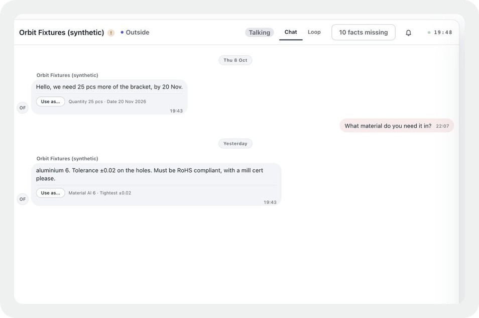 An inquiry: facts read from the customer's message.